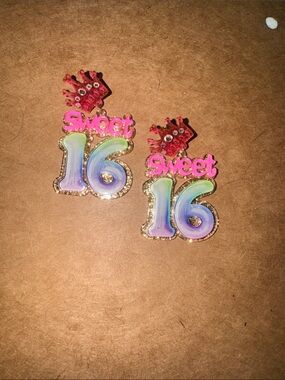 Sweet 16 Iridescent Number Drop Earrings with Pink Crown